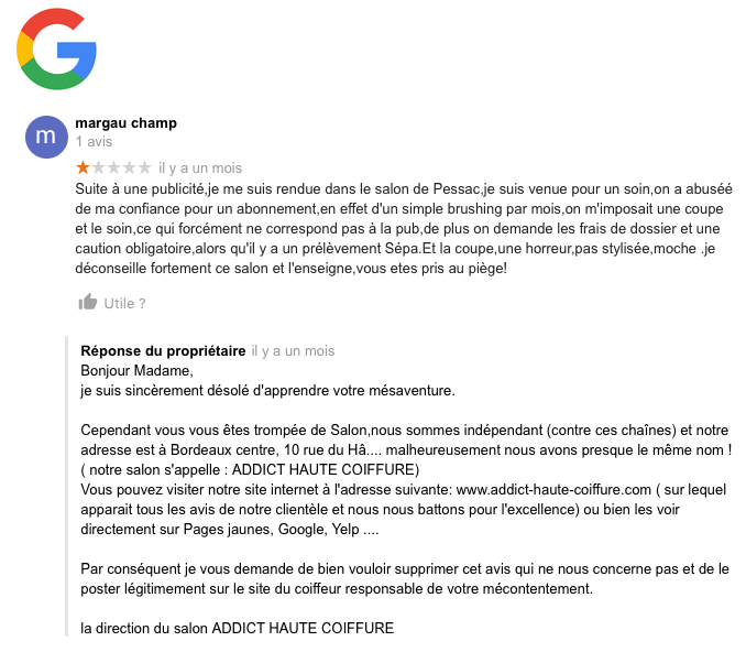 AVIS 34 :Google - FAUX AVIS - IMPORTANT LIRE LA REPONSE