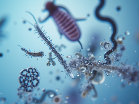 A close-up view of a microscopic slide showcasing diverse microbial life.
