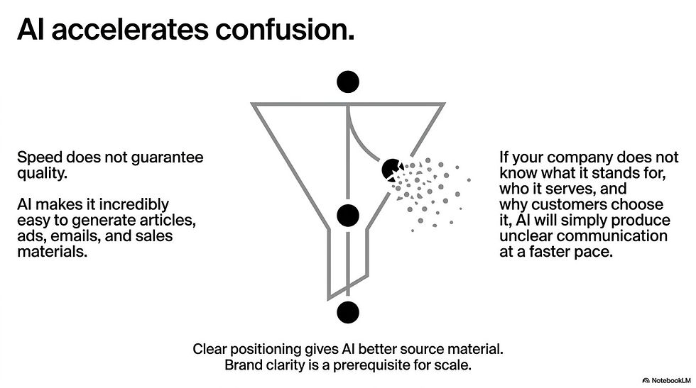 Diagram showing how AI can accelerate unclear communication when a business lacks brand clarity and positioning.