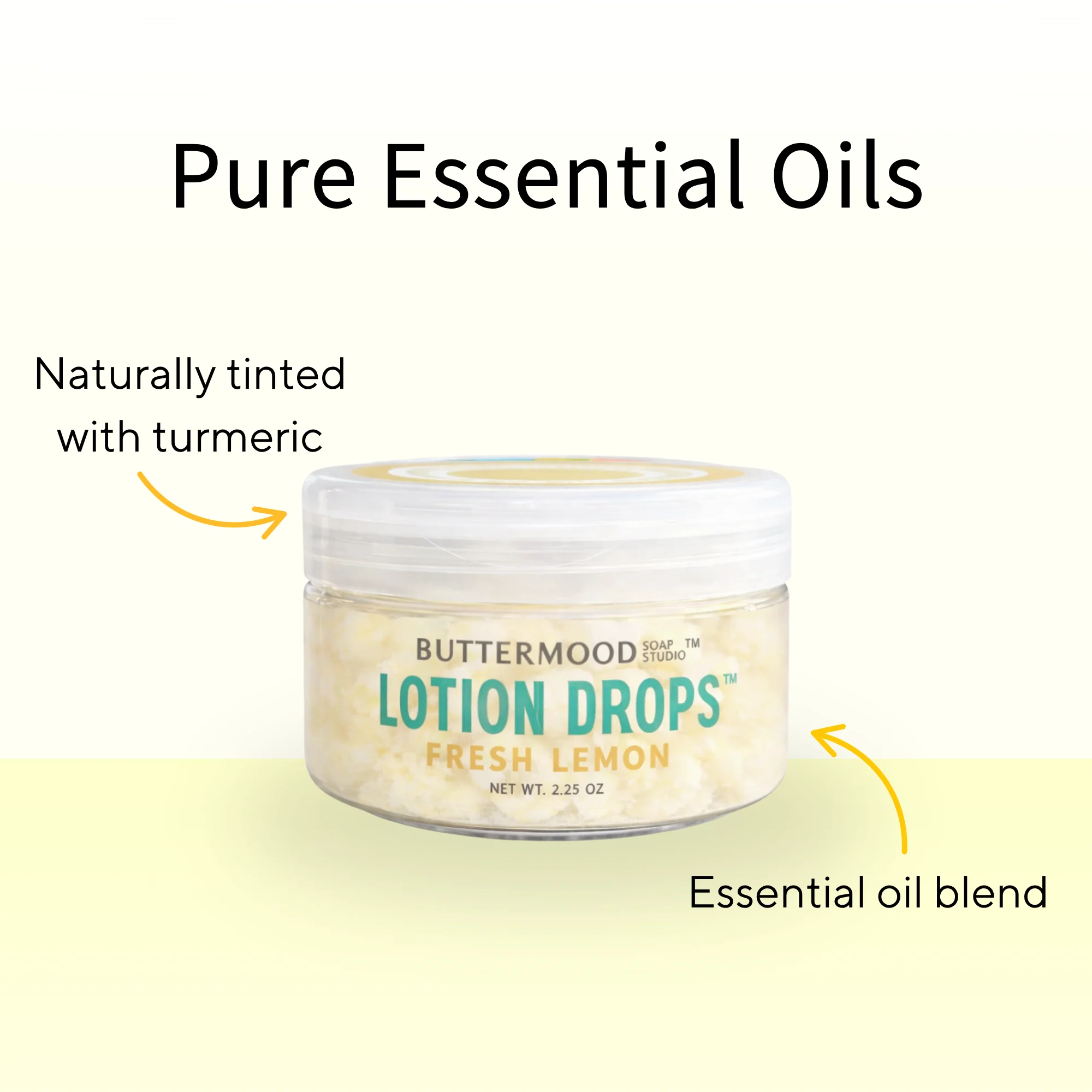 Buttermood Fresh Lemon Lotion Drops made with pure essential oils and naturally tinted with turmeric.