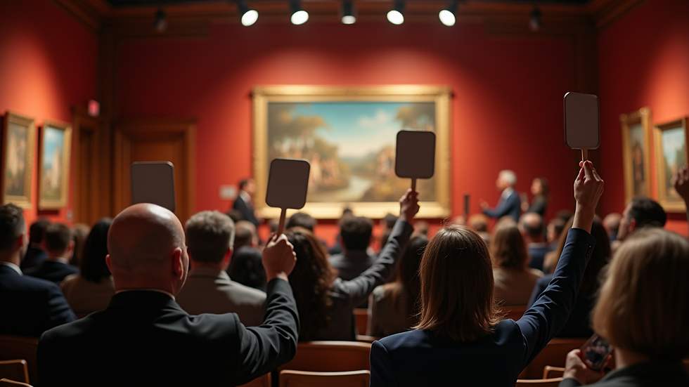 High angle view of an art auction in progress with bidders raising paddles