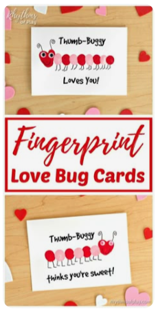 Children’s Valentine cards made with fingerprint love bug designs on white cardstock