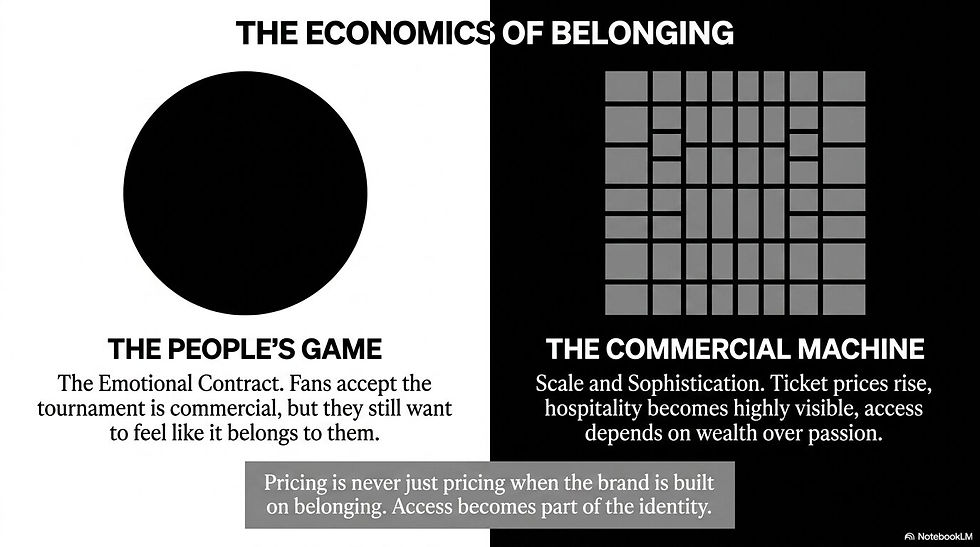 Graphic contrasting the people’s game with the commercial machine behind World Cup pricing, access, and belonging.