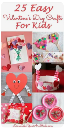 Assorted Valentine’s Day crafts for kids including paper hearts, candy crafts, and handmade cards
