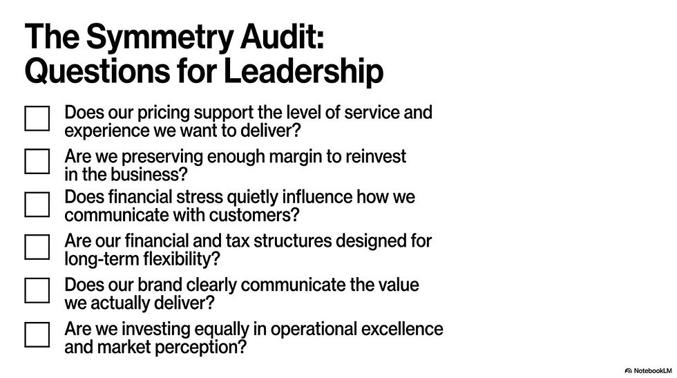 Leadership checklist graphic with questions about pricing, margins, reinvestment, brand clarity, and financial alignment.