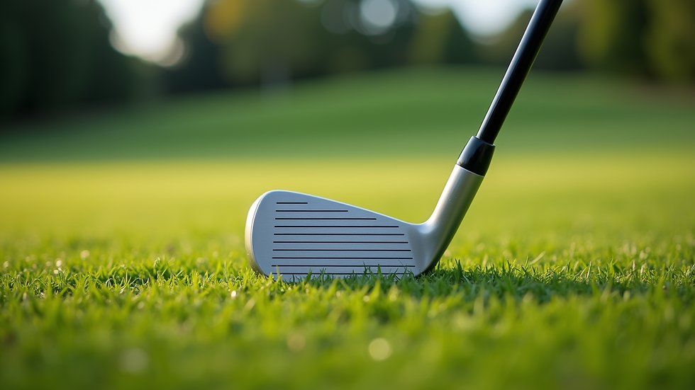 Close-up view of a golf club on a vibrant grass background