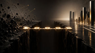 Abstract bridge connecting business chaos to structured growth, representing the gap between strategy, execution, systems, and measurable progress.