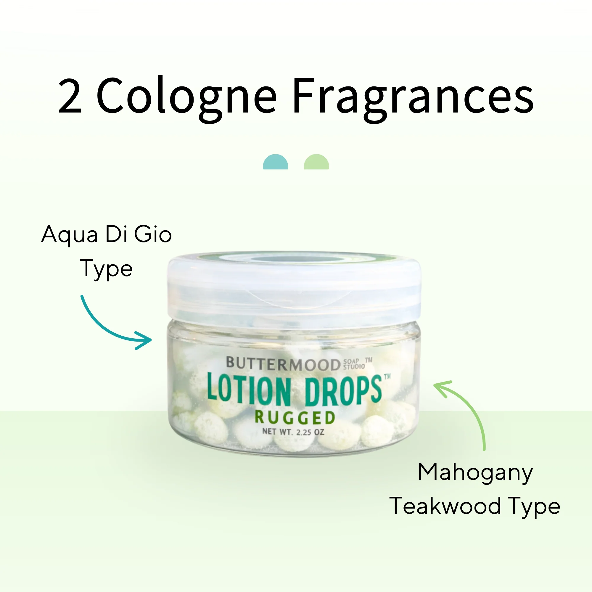 Buttermood Rugged Lotion Drops featuring Aqua Di Gio and Mahogany Teakwood type fragrances.
