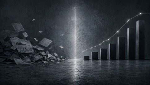 Cinematic grayscale image showing scattered financial reports beside a rising bar chart, representing the shift from uncertain marketing spend to customer acquisition economics.