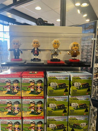 Mini building block figures of historical figures and revolutionary war sets in Williamsburg shop