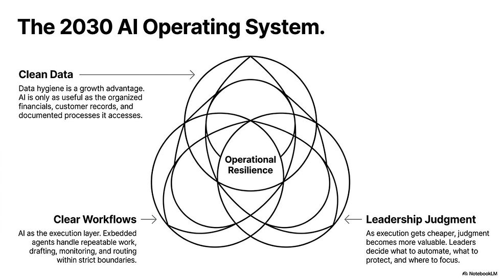 Strategic diagram showing the 2030 AI operating system built around clean data, clear workflows, leadership judgment, and operational resilience.