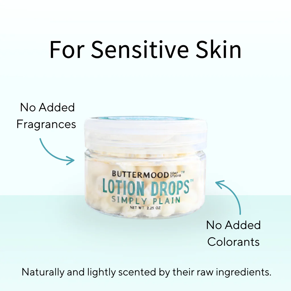 Buttermood Simply Plain Lotion Drops for sensitive skin with no added fragrances or colorants.