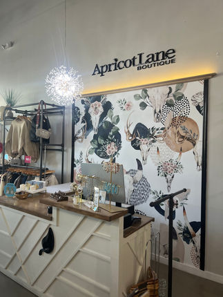 Checkout area at Apricot Lane Boutique Queen Creek featuring branded signage and artistic feature wall