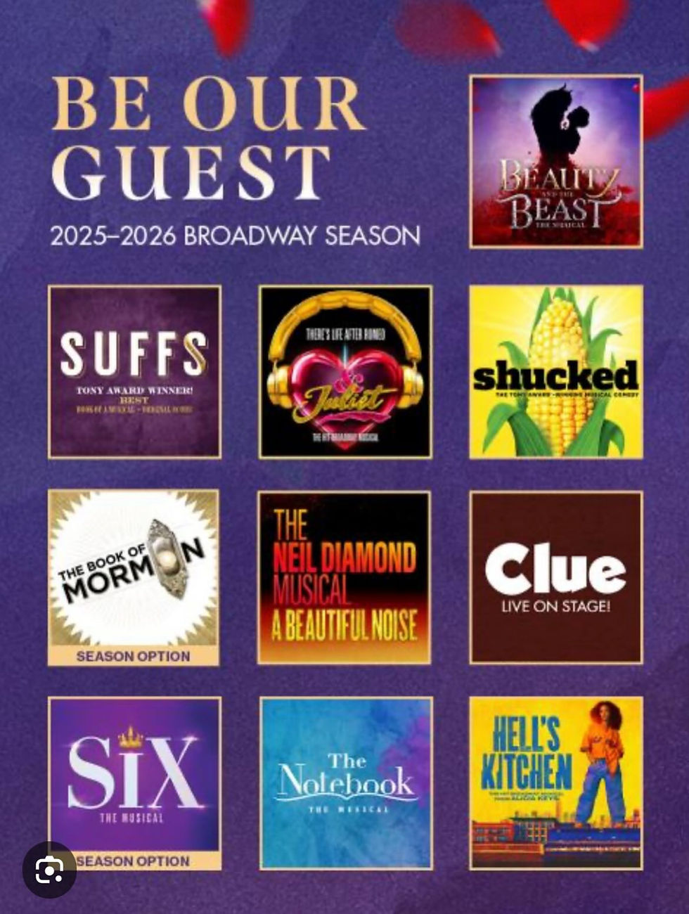 Poster announcing the 2025–2026 Broadway season lineup at ASU Gammage featuring shows like Beauty and the Beast, SIX, Clue, and The Notebook.