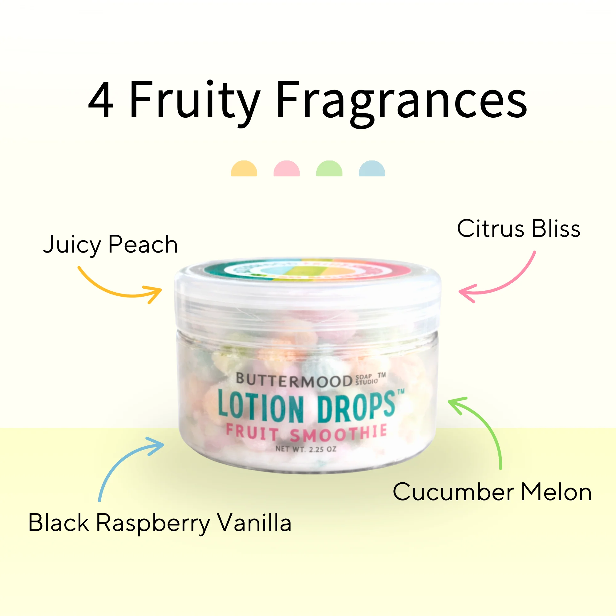 Buttermood Fruit Smoothie Lotion Drops with peach, citrus, raspberry vanilla, and melon fragrances.