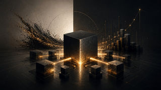 Abstract banner image representing brand extensions and business growth, featuring a central black cube connected to surrounding blocks with glowing gold lines and an upward growth chart in the background.