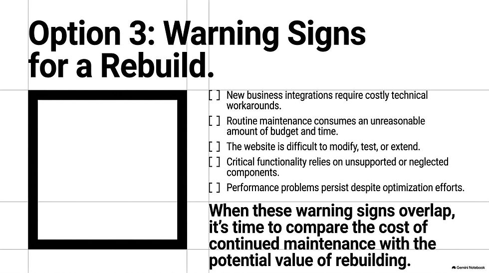 Checklist of five warning signs that a website may require rebuilding, including costly integrations, excessive maintenance, and persistent performance problems.