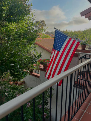 American flag waving on a balcony in Carlsbad, California, with trees and blue sky in the background on a summer day.