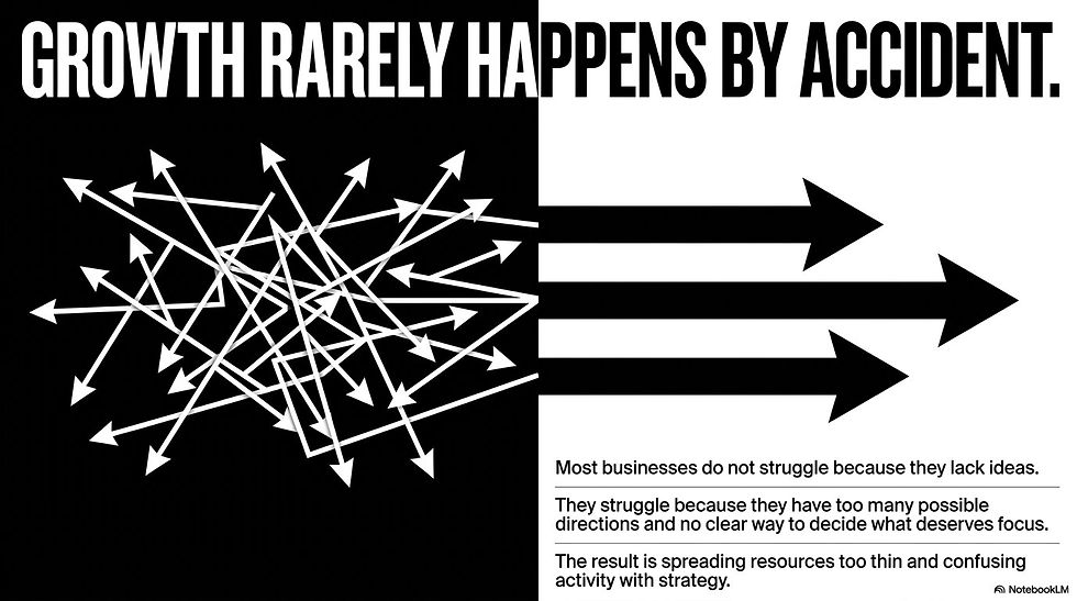 Growth rarely happens by accident visual showing scattered ideas becoming focused strategic direction.