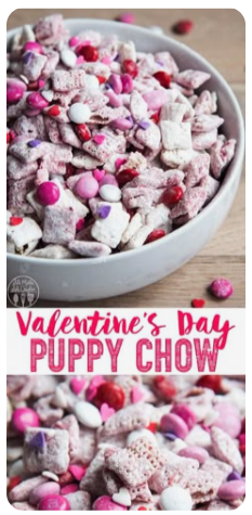Valentine’s Day puppy chow snack mix with pink, red, and white candies in a bowl