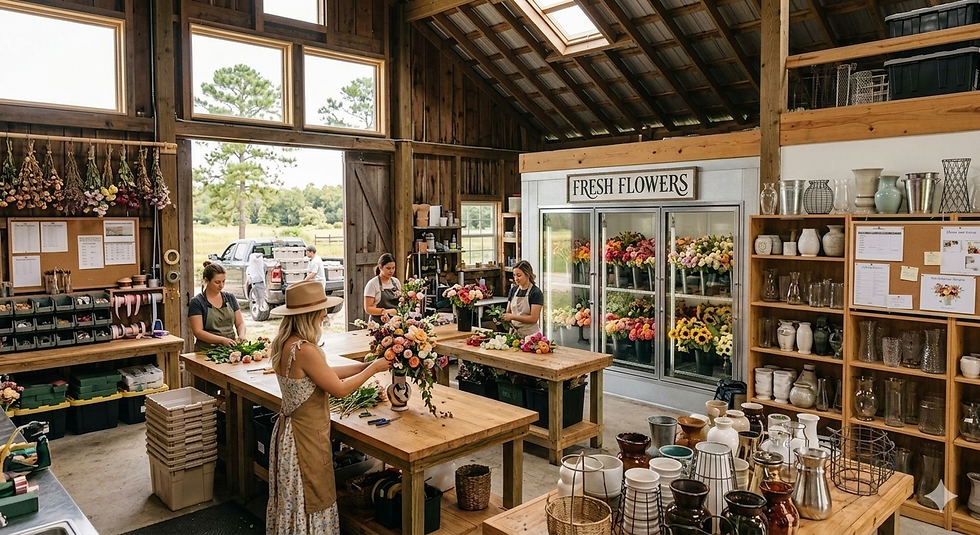 Florists creating floral arrangements in a bloom bar workshop