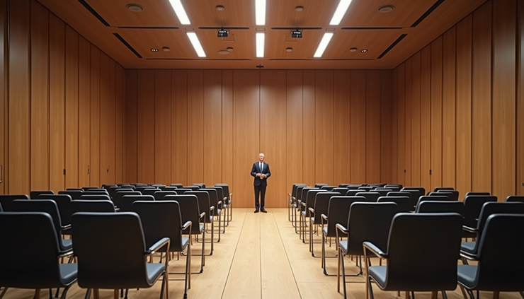 Eye-level view of a conference room with empty chairs and a podium