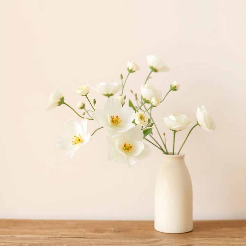 white cream floral flowers in small ivory natural vase on right side with lite cream back