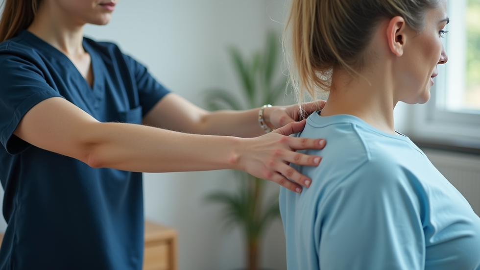 Close-up view of a therapist adjusting a patient’s posture during rehabilitation
