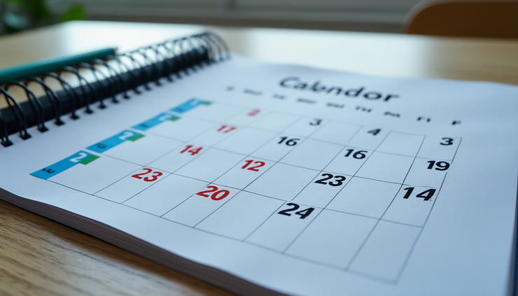 Eye-level view of a school calendar open on a desk with highlighted dates