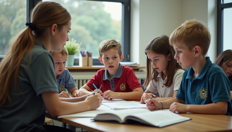 Eye-level view of a classroom with children engaged in a small group learning session