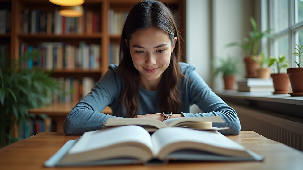 Eye-level view of a student studying with books and a laptop