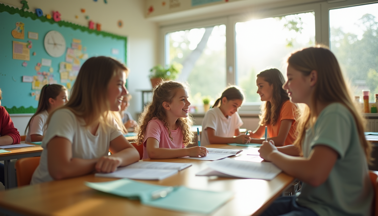 Eye-level view of a classroom decorated with colorful summer-themed posters and students gathered around a table