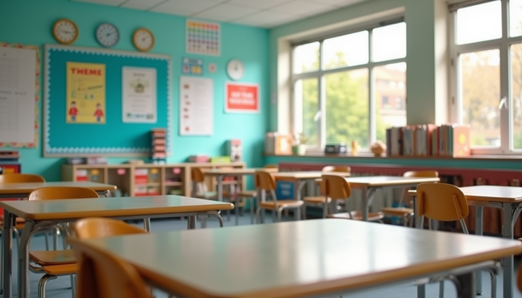 Eye-level view of a bright and colorful Year 4 classroom with desks and learning materials