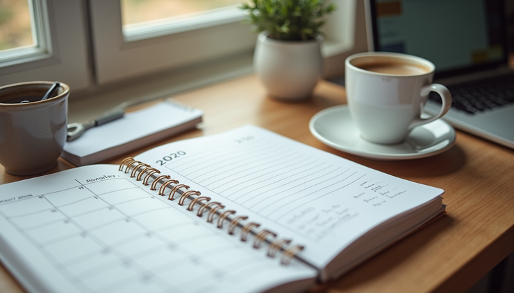 Eye-level view of a study desk with organized notebooks, a calendar, and a cup of coffee