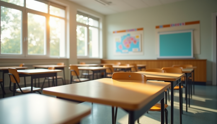 Eye-level view of a bright classroom with desks arranged for group learning
