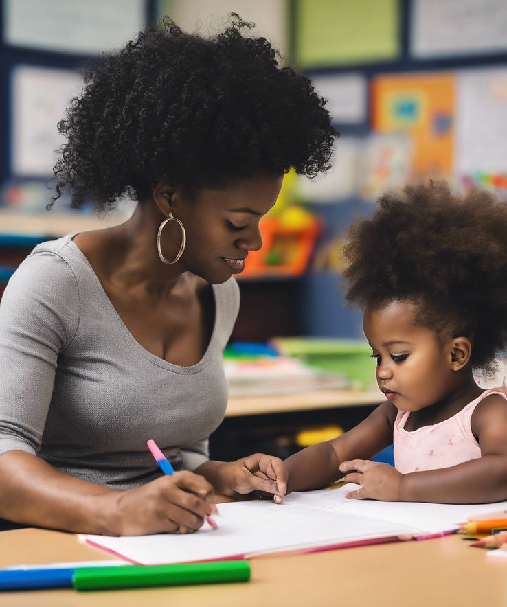 teacher and black girl toddler at school doing work.jpg