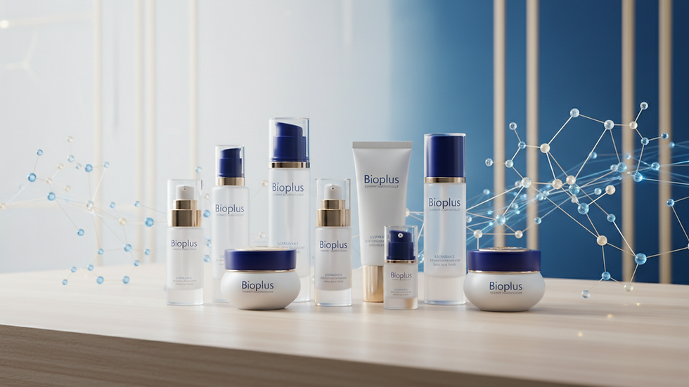 Close-up view of Bioplus skincare products arranged neatly on a wooden surface