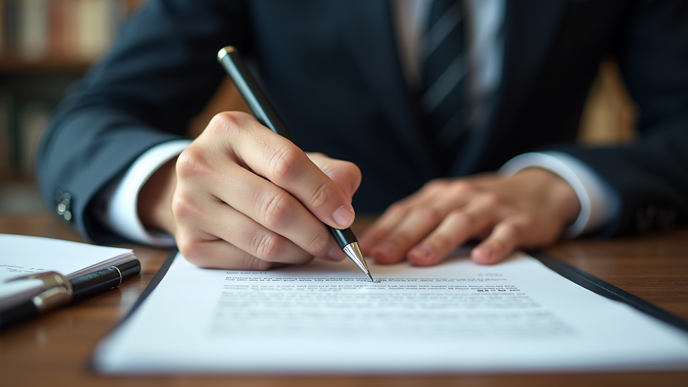 High angle view of a person signing important documents