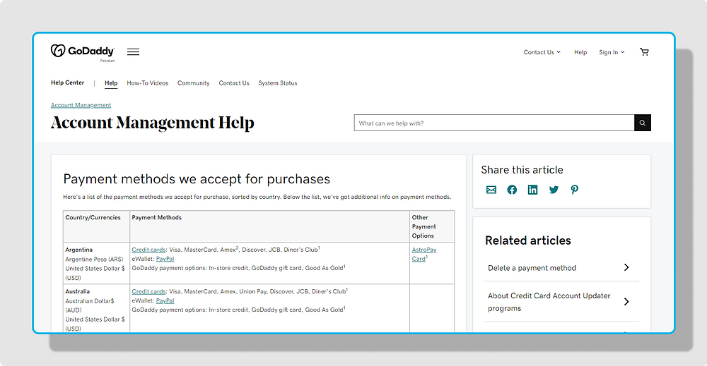 In Godaddy payment methods, eWallet such as PayPal and credit cards likewise Visa, MasterCard, Amex3, Discover, and JCB are included.