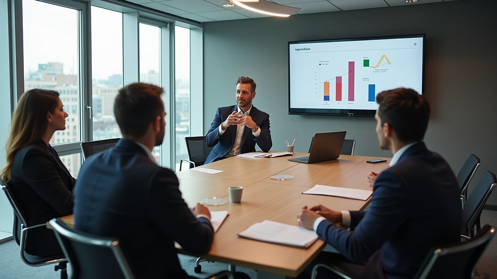 High angle view of a meeting room with a consultant discussing communication strategies with a team