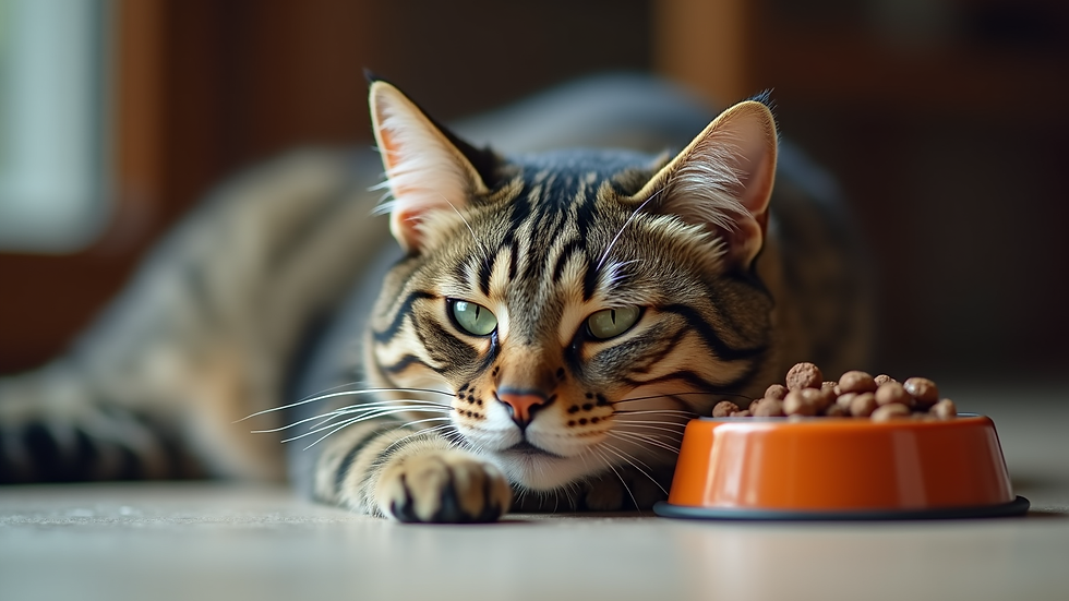 Close-up of senior cat resting near food bowl