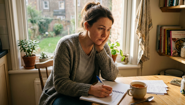 Eye-level view of a person writing in a notebook beside a cup of tea near a window.