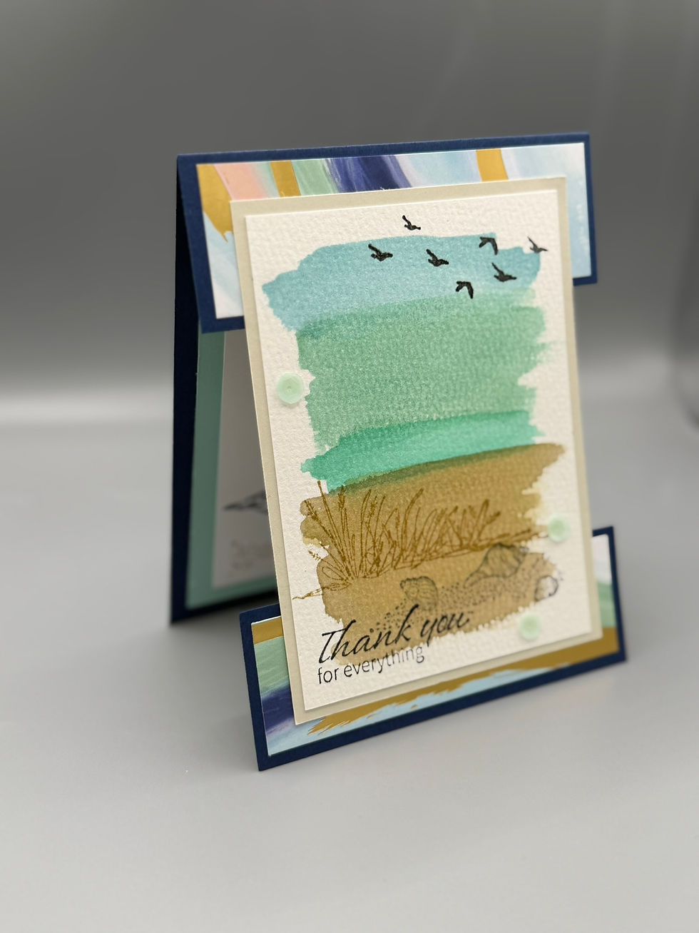 Thumbnail: Handmade coastal watercolor greeting card with beach grass, seashells, and birds, featuring “Thank You for Everything” messag