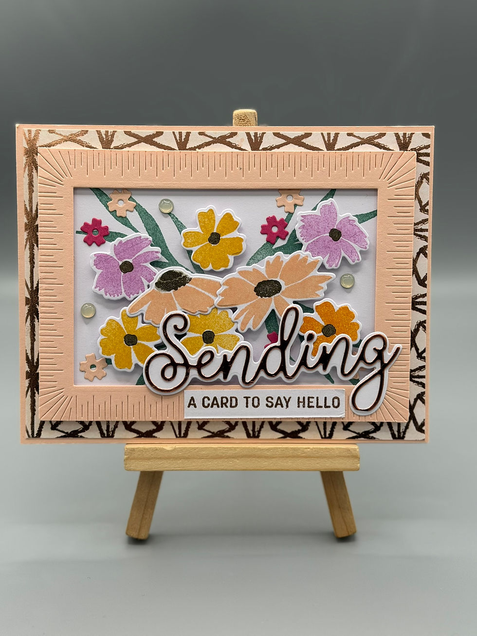Handmade floral greeting card with gold accents and “Sending – A Card to Say Hello” message by Mario Garcia.