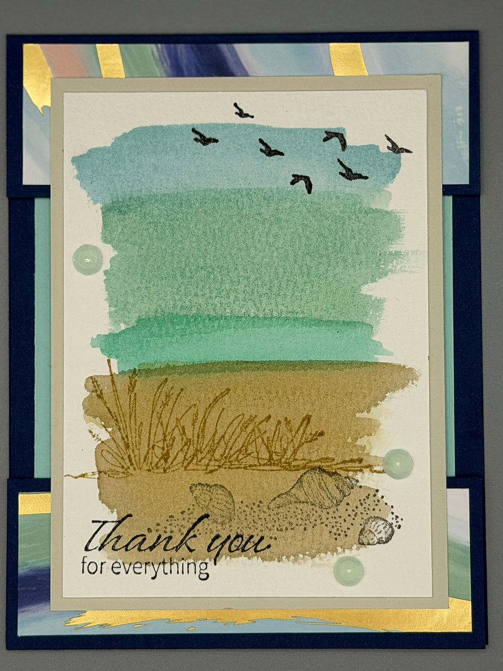 Thumbnail: Handmade coastal watercolor greeting card with beach grass, seashells, and birds, featuring “Thank You for Everything” messag