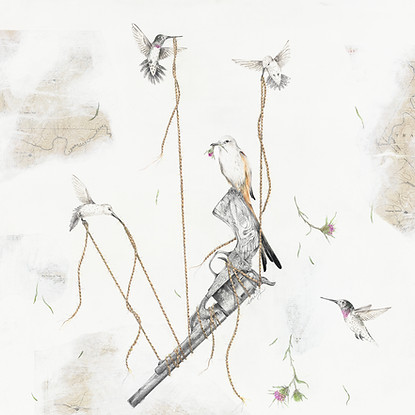Mixed media, including graphite and colored pencil, image of hummingbirds carrying antique pistol.