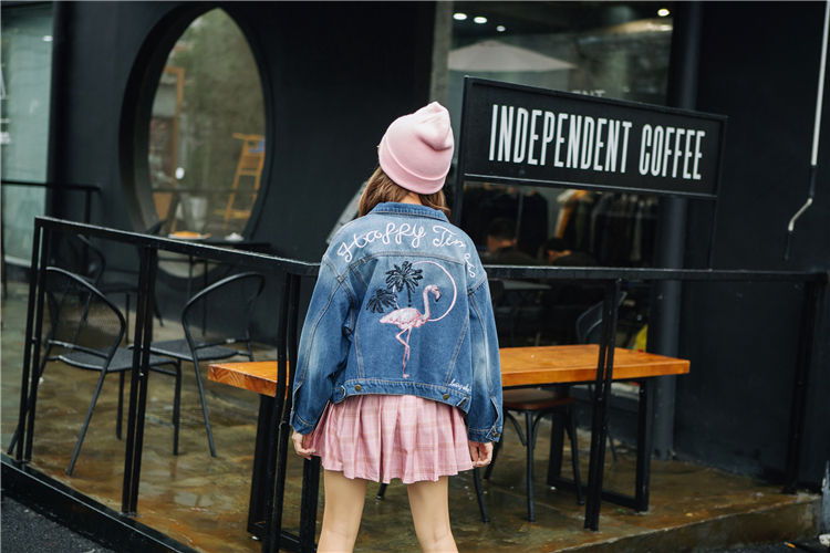 Thumbnail: Real shot retro Chic loose wash worn back Flamingo embroidered denim jacket