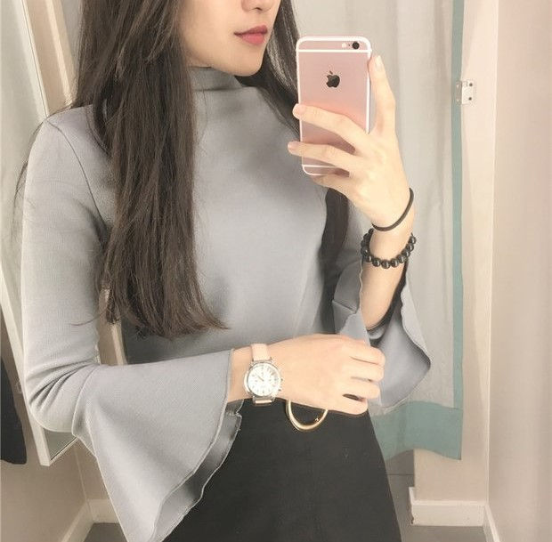 Thumbnail: Half height neck Bell sleeve sweater long sleeve t-shirt students top