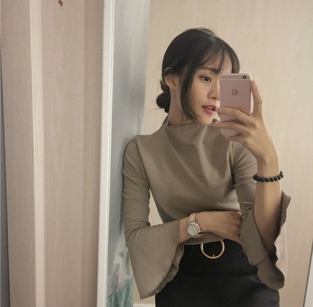 Thumbnail: Half height neck Bell sleeve sweater long sleeve t-shirt students top