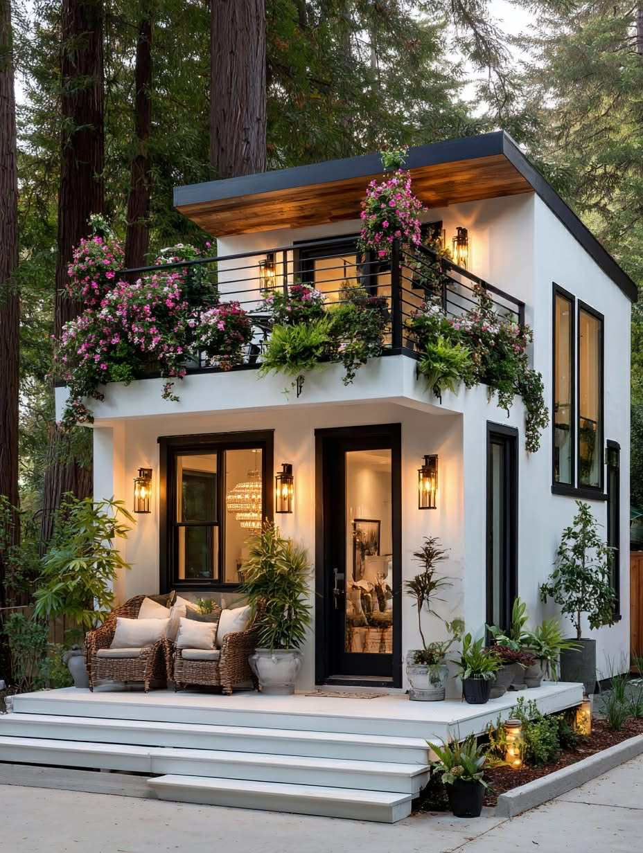 Eye-level view of a cozy tiny home surrounded by nature